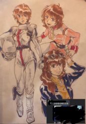 1girl amuro_ray artist_request belt black_belt blue_jacket brown_eyes char&#039;s_counterattack chinese_text commentary_request eyewear_on_head genderswap genderswap_(mtf) gundam helmet holding holding_helmet jacket mecha_pilot_suit mobile_suit_gundam multiple_views normal_suit_(gundam) open_mouth pants parted_bangs pilot_suit pink_jacket smile sunglasses sweater traditional_media white_pants yellow_sweater zeta_gundam