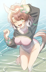 1girl absurdres animal_ears arm_up black_jacket breasts brown_hair buckwheat638478 cleavage covered_navel cropped_jacket dantsu_flame_(umamusume) grey_hair hand_up highres horse_ears horse_girl horse_tail jacket large_breasts light_rays long_sleeves looking_at_viewer medium_hair multicolored_hair one-piece_swimsuit one_eye_closed open_mouth pink_one-piece_swimsuit smug solo swimsuit tail teeth turtleneck turtleneck_one-piece_swimsuit umamusume upper_teeth_only white_background yellow_eyes