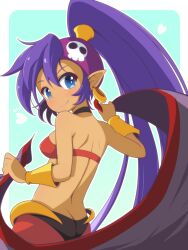 1girl bandana bare_shoulders black_choker blue_background blue_eyes bracer breasts choker commentary dark-skinned_female dark_skin earrings from_behind gold_bracer hair_between_eyes heart high_ponytail highres hoop_earrings jewelry long_hair looking_at_viewer looking_back medium_breasts outline pointy_ears ponytail purple_hair shantae shantae_(series) simple_background smile solo unkimo very_long_hair white_outline