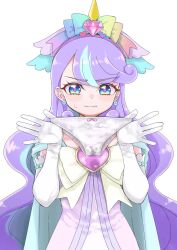 1girl blue_eyes blue_hair bow bow_panties clenched_teeth commentary_request disgust dress earrings elbow_gloves gloves hair_bow hairband hands_up highres hirota_masatane holding holding_panties holding_underwear holding_unworn_clothes horns jewelry long_hair looking_at_viewer multicolored_eyes multicolored_hair nico-sama panties pink_bow pink_hairband pink_pupils precure presenting_removed_panties purple_dress purple_hair rainbow_bow simple_background single_horn solo sphere_earrings stained_panties streaked_hair sweat swept_bangs teeth two-tone_hair underwear unicorn_horn upper_body very_long_hair white_background white_gloves white_panties wonderful_precure! yellow_eyes