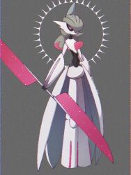 armor double_blade grey_background holding holding_weapon iron_valiant joints narumiya_pkmn nintendo pink_eyes pokemon pokemon_(creature) robot robot_joints simple_background waist_cape weapon white_armor