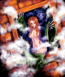 1990s_(style) 1boy 1girl breasts brick_wall censored chadarnook cleavage convenient_censoring death_(entity) closed_eyes final_fantasy final_fantasy_vi fog hair_censor hair_over_breasts indoors kara_(color) large_breasts long_hair monster navel nude orange_eyes orange_hair painting_(object) steam stomach