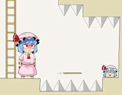 1up ascot blue_hair bow chibi commentary floating hair_between_eyes hat hat_bow hidaruma highres ladder levitation mega_man_(series) mob_cap motion_lines pink_headwear pink_shirt pink_skirt platform power-up red_ascot red_eyes remilia_scarlet shaded_face shirt short_hair short_sleeves skirt spikes sweatdrop touhou v-shaped_eyebrows yukkuri_shiteitte_ne