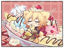 Rule 34 | 2boys, animal ears, antenna hair, armor, armored boots, banana, black pants, blonde hair, blue eyes, blush stickers, boots, border, closed eyes, commentary request, dessert, dog boy, dog ears, earrings, food, fruit, gauntlets, gold earrings, gradient hair, holding, holding food, holding fruit, honkai: star rail, honkai (series), ice cream, jewelry, lay0x0, male focus, multicolored hair, multiple boys, mydei (honkai: star rail), pants, pauldrons, phainon (honkai: star rail), red hair, short hair, shoulder armor, single pauldron, white border, white hair