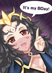 1girl black_hair breasts cleavage english_text facial_mark fire_emblem fire_emblem_fates forehead_mark from_above hiarikie highres long_hair looking_up messy_hair mouth_veil nintendo nyx_(fire_emblem) red_eyes small_breasts solo speech_bubble tiara veil