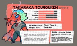 Rule 34 | 1boy, antennae, blue eyes, blue hair, boku no hero academia, brown shoes, chibi, collared shirt, commentary, english commentary, english text, green hair, green pants, grey jacket, jacket, mantis shrimp, multicolored hair, necktie, original, pants, red necktie, redringo188, school uniform, shirt, shoes, shrimp boy, solo, stats, u.a. school uniform, white shirt