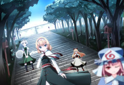 3girls alice_margatroid apron blonde_hair blue_eyes blue_sky blurry bow capelet clere day depth_of_field dress dutch_angle female_focus floating forest hair_bow hair_ribbon hand_on_own_chest hat headband hokora_(shrine) kneehighs konpaku_youmu konpaku_youmu_(ghost) light_smile long_hair long_sleeves mob_cap multiple_girls nature one_eye_closed pantyhose photobomb pink_eyes pink_hair ribbon saigyouji_yuyuko sash shanghai_doll short_hair short_sleeves skirt skirt_set sky socks stairs touhou triangular_headpiece v_arms waist_apron white_hair wink