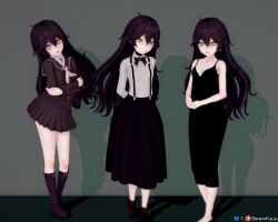 3d 3girls alternate_costume arms_behind_back bare_arms bare_shoulders black_hair black_shoes blouse boots breasts buttons cocktail_dress collarbone crossed_arms double-parted_bangs dress earrings full_body grimmi_(vtuber) highres indie_virtual_youtuber jewelry knees koikatsu_(medium) long_hair looking_at_viewer messy_hair multiple_girls pale_skin pencil_skirt petite pleated_skirt ringed_eyes school_uniform shirt shoe_buckle shoes skelter_(grimmivt) skirt small_breasts smile spmkjedits suspenders virtual_youtuber yellow_eyes