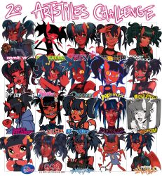 1girl 2000s_(style) andrew_hussie_(style) bemani black_hair boku_no_hero_academia bryan_lee_o&#039;malley_(style) colored_skin commentary copyright_request corpse_party danganronpa_(series) demon_girl demon_horns demon_tail disgaea english_commentary gorillaz hair_bobbles hair_ornament harada_takehito_(style) highres homestuck hood hoodie horns kyokugen_dasshutsu kyokugen_dasshutsu:_9_jikan_9_nin_9_no_tobira littlest_pet_shop looking_at_viewer marvel monster_high monster_high_(g1) motorcity multiple_style_parody neon_genesis_evangelion nintendo no_lineart original panty_&amp;_stocking_with_garterbelt parody pipcore pointy_ears pop&#039;n_music red_skin scott_pilgrim_(comics) scott_pilgrim_(series) short_twintails simple_background soul_eater spider-man_(series) spider-verse style_parody style_request subarashiki_kono_sekai tail toon_(style) twintails warioware white_background yellow_eyes