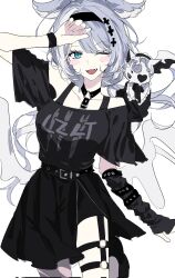 Rule 34 | 1girl, black hairband, black shirt, black tank top, blue eyes, blue wings, blunt bangs, chest harness, cross-shaped pupils, dragon girl, elira pendora, elira pendora (goth), fingerless gloves, gloves, hair ornament, hair wings, hairband, harness, head wings, heterochromia, highres, lazd9cyxivwtltm, loafers, looking at viewer, low wings, mole, mole on armpit, nijisanji, nijisanji en, off-shoulder shirt, off shoulder, official alternate costume, one eye closed, pantyhose, pikl (elira pendora), shirt, shoes, single fingerless glove, single leg pantyhose, symbol-shaped pupils, tank top, torn clothes, torn pantyhose, white streaks, wings, x hair ornament