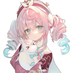 1girl aqua_eyes aqua_hair beret closed_mouth dress hat highres honkai:_star_rail honkai_(series) hyacine_(honkai:_star_rail) little_ica_(honkai:_star_rail) looking_at_viewer luna_(luna610) pink_hair red_dress red_hat simple_background smile solo twintails upper_body white_background