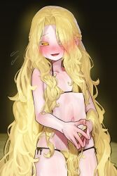 1boy absurdres bikini blonde_hair colored_eyelashes cowboy_shot ekrea_jan elden_ring gold_bikini highres long_hair looking_at_viewer male_focus miquella_(elden_ring) navel simple_background solo swimsuit tagme trap very_long_hair yellow_eyes