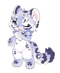 1boy androgynous animal_ears animal_feet animal_hands blue_eyes chibi chibi_only chibikemo commentary digitigrade english_commentary fluffy fluffy_land full_body furry furry_male highres kikugawa_ru looking_at_viewer male_focus multicolored_eyes official_art one_eye_closed oslo_(fluffy_land) purple_eyes second-party_source simple_background snow_leopard_boy snow_leopard_ears snow_leopard_tail solo spotted_fur tachi-e tail tongue tongue_out white_background