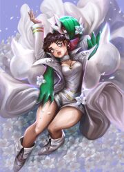 Rule 34 | 2girls, blue eyes, blue jacket, bob cut, brown hair, colored skin, diantha (pokemon), floral background, flower, gardevoir, gen 3 pokemon, green hair, green skin, hair over one eye, highres, jacket, jewelry, multicolored skin, multiple girls, necklace, nintendo, parted lips, petals, pokemon, pokemon (creature), pokemon xy, shirt, shoes, smile, two-tone skin, white flower, white petals, white shirt, white shoes, white skin, yunaxd
