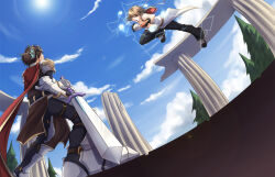 2011 2boys armor armored_boots black_pants blue_sky boots breastplate brown_hair cape champion_(ragnarok_online) cloud coat column commentary cross duel energy_ball fighting fins full_body gold_trim head_fins hood hood_down hooded_coat jumping looking_at_another lord_knight_(ragnarok_online) male_focus multiple_boys open_mouth outdoors pants pauldrons pillar ragnarok_online red_cape short_hair shoulder_armor sky sleeveless sleeveless_coat spiked_gauntlets sun textless_version tree visor_(armor) white_coat zearyu