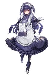 1girl apron back_bow black_bow black_pantyhose bow bowtie breasts brown_eyes center_frills closed_mouth dress drill_hair frilled_apron frilled_dress frills gen_8_pokemon gloves hair_between_eyes indeedee indeedee_(female) juliet_sleeves katagiri_hachigou large_breasts long_hair long_sleeves looking_at_viewer mole mole_under_eye nintendo pantyhose personification pokemon puffy_sleeves purple_bow purple_bowtie purple_dress purple_hair purple_headwear simple_background sleeve_bow smile solo white_apron white_background white_bow white_gloves