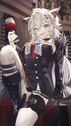 1girl absurdres animal_ears aqua_eyes arknights black_cape black_gloves black_jacket black_skirt cape cup drinking_glass fangs gloves grey_eyes grey_hair hair_between_eyes hair_ornament hairclip high-waist_skirt highres holding holding_cup indoors jacket lappland_(arknights) lappland_the_decadenza_(arknights) long_hair long_sleeves looking_at_viewer messy_hair mushrooming_man necktie open_clothes open_jacket open_mouth red_nails scar scar_across_eye scar_on_face shirt single_glove sitting skirt smile solo white_shirt wine_glass wolf_ears wolf_girl