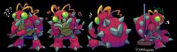 antennae black_background bug claws digimon digimon_(creature) exoskeleton green_eyes heart highres pirruwan sitting spikes tentomon