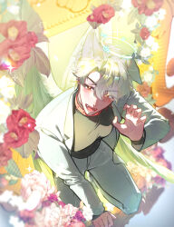 1boy absurdres animal_ears belt_collar collar dong100art eunho_(plave) eyes_visible_through_hair flower from_above hair_between_eyes halo highres jacket k-pop long_sleeves looking_at_viewer male_focus open_clothes open_jacket open_mouth pants parted_bangs paw_pose plave red_eyes red_flower smile solo white_hair white_jacket white_pants