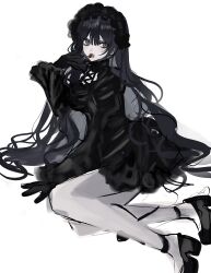 1girl akai_ringo_(eveyuno) black_dress black_hair black_hairband black_ribbon dress eating grey_eyes hairband highres neck_ribbon non-web_source open_mouth original ribbon sitting solo white_background