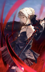 1girl absurdres ahoge artoria_pendragon_(fate) bare_shoulders black_choker black_dress black_ribbon black_thighhighs blonde_hair braid breasts bun_with_braided_base choker closed_mouth collarbone cutout_above_navel detached_sleeves dress excalibur_morgan_(fate) fate/stay_night fate_(series) gothic_lolita hair_ribbon heaven&#039;s_feel highres holding holding_sword holding_weapon lace lace-trimmed_thighhighs lace_trim layered_dress lolita_fashion maririri111 outdoors ribbon saber_alter short_dress short_hair sidelocks small_breasts solo sword thighhighs weapon yellow_eyes