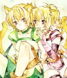 animal_ears belt blonde_hair braid brown_eyes fire_emblem fire_emblem:_radiant_dawn laguz_(race) lethe_(fire_emblem) lyre_(fire_emblem) nintendo o-ring o-ring_belt short_hair shorts siblings side_slit side_slit_shorts sisters smile tail twins