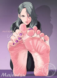 Rule 34 | 1girl, barefoot, earrings, feet, foot focus, grey hair, jewelry, long hair, looking at viewer, majdutsu, nail polish, niijima sae, persona, purple nails, sitting, soles, solo, toenail polish, toenails, toes