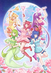5girls aizawa_mint animal_ears bare_shoulders bell bird_girl bird_tail bird_wings blonde_hair blue_eyes blue_hair bow braid breasts cat_ears cat_girl cat_tail choker cleavage clip_studio_paint_(medium) commentary detached_sleeves double_bun dress english_commentary fong_pudding frilled_thigh_strap fujiwara_zakuro gloves green_choker green_eyes green_hair green_leotard hair_bun highres holding holding_wand jingle_bell leotard long_hair looking_at_viewer magical_girl mermaid mew_ichigo mew_lettuce mew_mint mew_pudding mew_zakuro midorikawa_lettuce midriff momomiya_ichigo monkey_ears monkey_girl monkey_tail monster_girl multiple_girls nao_(sprinkanao) open_mouth pink_choker pink_eyes pink_hair puffy_detached_sleeves puffy_sleeves purple_choker purple_eyes purple_hair purple_tube_top red_gloves short_hair smile strapless tail tail_bell tail_bow tail_ornament thigh_strap tokyo_mew_mew tokyo_mew_mew_new tube_top wand watermark wings wolf_ears wolf_girl