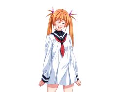 1girl ^_^ blush closed_eyes cowboy_shot dress game_cg gentle_sasaki hair_ribbon large_variant_set long_hair long_sleeves neckerchief non-web_source official_art open_mouth orange_hair ribbon sailor_dress shindou_hikari simple_background smile solo soukou_senki_prism_reica soukou_senki_prism_shine transparent_background twintails variant_set white_dress