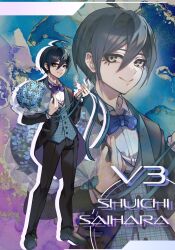 1boy ahoge black_hair black_jacket blue_bow blue_bowtie blue_flower blue_ribbon blush bouquet bow bowtie brown_eyes buttons character_name commentary_request danganronpa_(series) danganronpa_v3:_killing_harmony eyelashes flower formal_clothes full_body hair_between_eyes hands_up highres holding holding_bouquet jacket long_sleeves looking_at_viewer lower_eyelashes_only male_focus nota_sayaka official_alternate_costume open_clothes open_jacket pants ribbon saihara_shuichi shirt short_hair smile solo standing