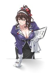 1girl absurdres ashigara_(kancolle) ashigara_kai_ni_(kancolle) belt black_belt black_skirt breasts brown_eyes brown_hair fake_horns gloves hairband highres horned_headwear horns jacket kantai_collection large_breasts long_hair long_sleeves pantyhose purple_jacket skirt smile solo sozan uniform wavy_hair white_gloves white_hairband