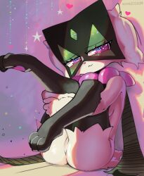1girl :3 animal_feet animal_nose artist_name ass barefoot black_fur blush body_fur breasts cat_girl closed_mouth feet female_focus full_body furry furry_female grey_fur grey_hair half-closed_eyes happy heart hugging_own_legs knees_together_feet_apart legs_up looking_at_viewer meowscarada nintendo no_pussy noconcession pawpads pink_eyes pokemon pokemon_(creature) purple_background short_hair signature sitting small_breasts smile solo split_mouth star_(symbol) two-tone_fur