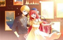 1boy 1girl ;d ahoge akirarec alternate_hair_length alternate_hairstyle arima_kana beret blonde_hair blue_brooch blue_eyes blue_headwear blush collared_shirt commentary_request cow crusoe dress frilled_dress frills grey_shirt hair_between_eyes hand_in_pocket hat highres holding holding_trophy hoshino_aquamarine jewelry light_particles long_hair looking_at_viewer neck_ribbon necklace one_eye_closed open_mouth oshi_no_ko painting_(object) red_eyes red_hair ribbon shade shirt short_hair short_sleeves single_bare_shoulder single_off_shoulder smile sparkle sparkling_eyes star-shaped_pupils star_(symbol) symbol-shaped_pupils teeth trophy upper_teeth_only very_long_hair white_ribbon yellow_dress