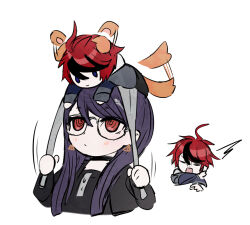 1boy 1girl ahoge animal_ears arm_up black_hair black_jacket blue_eyes blush chibi closed_eyes closed_mouth collar dog_boy dog_ears dog_tail glasses hair_between_eyes jacket long_sleeves looking_at_another looking_up messy_hair open_mouth purple_hair red_eyes red_hair shizuhara_hiruko smile sumino_takumi tail tail_wagging the_hundred_line_-last_defense_academy- upper_body