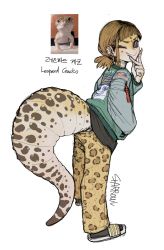 1girl :&gt; ;p animal_print artist_name black_hair black_socks blonde_hair blunt_bangs body_markings closed_mouth colored_skin finger_to_own_chin fingernails full_body gecko hand_in_pocket hand_up highres leopard_gecko leopard_print lizard_tail long_sleeves looking_at_viewer looking_back low_ponytail monster_girl one_eye_closed original personification ponytail purple_eyes reptile_girl sandals sharp_fingernails short_hair simple_background sketch slit_pupils socks solo sparrowl standing sweater tail tongue tongue_out white_background yellow_skin