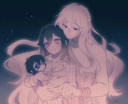 1boy 1girl baby carrying carrying_baby carrying_person closed_mouth commentary degrees_of_lewdity english_commentary gradient_hair hair_between_eyes hetero holding if_they_mated ivory_wraith limited_palette long_hair multicolored_hair pajamas player_character_(degrees_of_lewdity) player_character_(female)_(degrees_of_lewdity) simple_background sweater turtleneck turtleneck_sweater very_long_hair you_niao