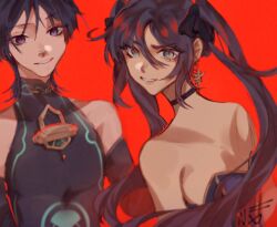 1boy 1girl aqua_eyes bare_shoulders black_bodysuit black_bow black_bridal_gauntlets black_choker black_hair blue_eyes blue_leotard blunt_ends bodysuit bow bridal_gauntlets choker earrings eyelashes genshin_impact glowing_markings gold_trim hair_between_eyes hair_bow jewelry leotard long_hair looking_at_viewer mandarin_collar mona_(genshin_impact) nxomii_herx parted_lips red_background red_pupils scaramouche_(genshin_impact) shoulder_blades sidelocks smile star_(symbol) star_earrings strapless strapless_leotard swept_bangs twintails wanderer_(genshin_impact) white_mouth wispy_bangs