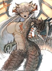 1girl arknights breasts brown_horns claws commentary_request cowboy_shot dragon_girl fangs floating_hair grey_hair hakoniwashinshi highres horns large_breasts long_hair looking_at_viewer monsterification open_mouth orange_eyes saria_(arknights) scales simple_background solo standing tail teeth uneven_eyes upper_teeth_only white_background wings yellow_wings