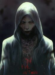 Rule 34 | 1boy, 23i2ko, backlighting, bags under eyes, burn scar, cloak, english text, grey cloak, grey eyes, highres, hood, hood up, looking at viewer, male focus, multiple scars, open cloak, open clothes, ruvik, scar, scars all over, serious, solo, the evil within, too many, upper body, veins