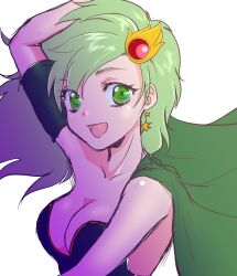 1girl aged_up breasts cape cleavage earrings final_fantasy final_fantasy_iv green_eyes green_hair hair_ornament highres jewelry long_hair looking_at_viewer open_mouth rydia_(adult)_(ff4) rydia_(ff4) simple_background smile snow_(snowsnow211) solo white_background