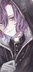 1boy absurdres bags_under_eyes black_jacket closed_mouth dame_x_prince hair_between_eyes hashtag-only_commentary highres jacket jewelry looking_at_viewer male_focus mea_selen_el_philizar messy_hair necklace purple_eyes purple_hair short_hair signature solo upper_body z4204rj5k