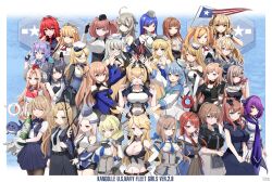 &gt;_&lt; 6+girls absurdres ahoge alcohol american_flag atlanta_(kancolle) bell black_gloves black_one-piece_swimsuit blonde_hair blue_hair bottle bow breast_press breasts brooklyn_(kancolle) brown_hair cleavage closed_eyes collar colorado_(kancolle) country_connection dress drum_(kancolle) enemy_lifebuoy_(kancolle) everyone fingerless_gloves fletcher_(kancolle) flower gambier_bay_(kancolle) gambier_bay_mk_ii_(kancolle) garrison_cap general_belgrano_(kancolle) glasses gloves grey_eyes hair_between_eyes hair_bow hair_flower hair_ornament hairband hairclip hand_on_own_hip hands_on_own_hips hat headgear helena_(kancolle) heywood_l._edwards_(kancolle) highres holding holding_bottle honolulu_(kancolle) hornet_(kancolle) houston_(kancolle) index_finger_raised intrepid_(kancolle) iowa_(kancolle) jacket johnston_(kancolle) kantai_collection langley_(kancolle) large_breasts lexington_(kancolle) long_hair long_necktie maryland_(kancolle) massachusetts_(kancolle) medium_breasts medium_hair metal_collar mini_hat minneapolis_(kancolle) multicolored_hair multiple_girls nazono_neko neck_bell necktie nevada_(kancolle) northampton_(kancolle) one-piece_swimsuit open_mouth own_hands_together phoenix_(kancolle) ponytail purple_eyes purple_hair purple_necktie purple_sailor_collar ranger_(kancolle) red_hair red_hat sailor_collar sailor_dress salmon_(kancolle) samuel_b._roberts_(kancolle) saratoga_(kancolle) scamp_(kancolle) scarf school_uniform serafuku shirt skirt skull_print small_breasts south_dakota_(kancolle) star_(symbol) star_hair_ornament streaked_hair swimsuit tuscaloosa_(kancolle) twintails two-tone_one-piece_swimsuit v wahoo_(kancolle) wahoo_kai_(kancolle) washington_(kancolle) wavy_hair white_dress white_flower white_one-piece_swimsuit white_overskirt white_scarf