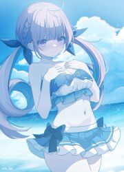 1girl alternate_costume beach bikini bikini_skirt blue_bikini blue_bow blue_hair blue_ribbon blue_skirt blue_theme blunt_bangs bow bow_skirt braid closed_mouth cloud cloudy_sky collarbone colored_inner_hair commentary_request cowboy_shot floating_clothes frilled_bikini frills hair_ribbon hands_on_own_chest hands_up highres hololive light_blush light_smile long_hair minato_aqua multicolored_hair navel nore_th ocean outdoors pink_eyes purple_hair ribbon sidelocks skirt sky sleeveless solo standing streaked_hair swimsuit thighs twintails twitter_username very_long_hair virtual_youtuber white_bikini