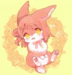 animal animal_focus animalization blush floral_background full_body hair_bun hair_ornament hairclip looking_at_viewer love_live! love_live!_nijigasaki_high_school_idol_club nako_(user_wnnm5534) neck_ribbon no_humans open_mouth orange_fur orange_hair rabbit ribbon short_hair single_side_bun smile solo uehara_ayumu yellow_background yellow_eyes