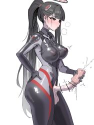 1girl absurdres artificial_vagina ass bar_censor black_hair blue_archive blunt_bangs blush bodysuit breasts censored commentary_request covered_erect_nipples cum ejaculation erection futanari futanari_masturbation halo hand_on_own_hip highres long_hair masturbation medium_breasts ookiniku open_mouth penis ponytail red_eyes rio_(blue_archive) rio_(bodysuit)_(blue_archive) sex_toy simple_background solo sweat testicles white_background