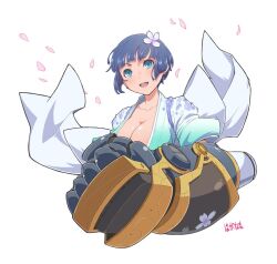 Rule 34 | arm up, back bow, blue eyes, blue hair, blush, bow, bowl cut, breasts, cherry blossoms, cleavage, clenched hand, commentary, flower, gauntlets, green kimono, haganemaru kennosuke, hair flower, hair ornament, japanese clothes, kimono, large breasts, open mouth, power fist, senran kagura, simple background, smile, two-tone kimono, upper body, white background, white bow, yozakura (senran kagura)