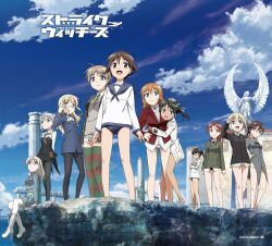 Rule 34 | 501st joint fighter wing, 6+girls, black hair, black jacket, black thighhighs, blonde hair, blue eyes, blue jacket, blue one-piece swimsuit, blue sky, boots, braid, brown hair, building, charlotte e. yeager, closed eyes, cloud, cloudy sky, column, dark-skinned female, dark skin, eila ilmatar juutilainen, erica hartmann, francesca lucchini, gertrud barkhorn, glass, green jacket, hand on own hip, highres, hug, jacket, long hair, lynette bishop, military, military uniform, minna-dietlinde wilcke, miyafuji yoshika, multiple girls, neckerchief, necktie, no pants, official art, one-piece swimsuit, open mouth, orange hair, outdoors, pantyhose, perrine h. clostermann, pillar, red eyes, red hair, red jacket, ruins, sailor collar, sakamoto mio, sanya v. litvyak, school swimsuit, school uniform, shirt, shoes, short hair, single braid, sitting, sky, smile, standing, statue, strike witches, striped clothes, striped thighhighs, swimsuit, swimsuit under clothes, thighhighs, twintails, white hair, white jacket, white shirt, white thighhighs, world witches series