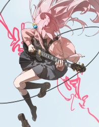 1girl absurdres bocchi_the_rock! cable cube_hair_ornament electric_guitar glaw gotoh_hitori guitar hair_ornament highres holding holding_guitar holding_instrument instrument jacket long_hair pink_hair pink_jacket solo sweat