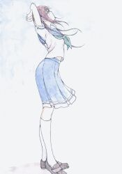 1girl absurdres arched_back arms_up bbmasa blue_sailor_collar blue_serafuku blue_skirt blush from_side full_body green_neckerchief hibike!_euphonium highres kitauji_high_school_uniform kneehighs liz_to_aoi_tori loafers neckerchief pleated_skirt profile purple_hair sailor_collar school_uniform serafuku shirt shoes short_sleeves skirt socks solo standing summer_uniform traditional_media white_shirt white_socks yoroizuka_mizore