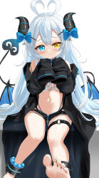 1girl absurdres akugaki_koa antenna_hair barefoot black_coat black_panties black_shorts black_shrug blue_bow blue_eyes blue_hair blush bow coat commentary_request commission crescent_pendant cuffs demon_girl demon_horns demon_tail demon_wings diamond-shaped_pupils diamond_(shape) ekarisu foot_up frown hair_bow hands_up head_tilt heart_antenna_hair heterochromia highleg highleg_panties highres horns idol_corp long_hair looking_at_viewer low_wings micro_shorts navel o-ring o-ring_thigh_strap off_shoulder own_hands_together panties pixiv_commission shackles shorts shrug_(clothing) simple_background sitting sleeves_past_fingers sleeves_past_wrists smile stomach symbol-shaped_pupils tail thigh_strap torn_clothes torn_shorts underwear very_long_hair virtual_youtuber white_background wings yellow_eyes